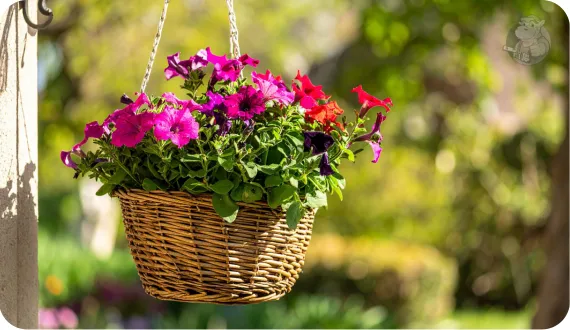 wiklinowa doniczka wisząca na balkonie